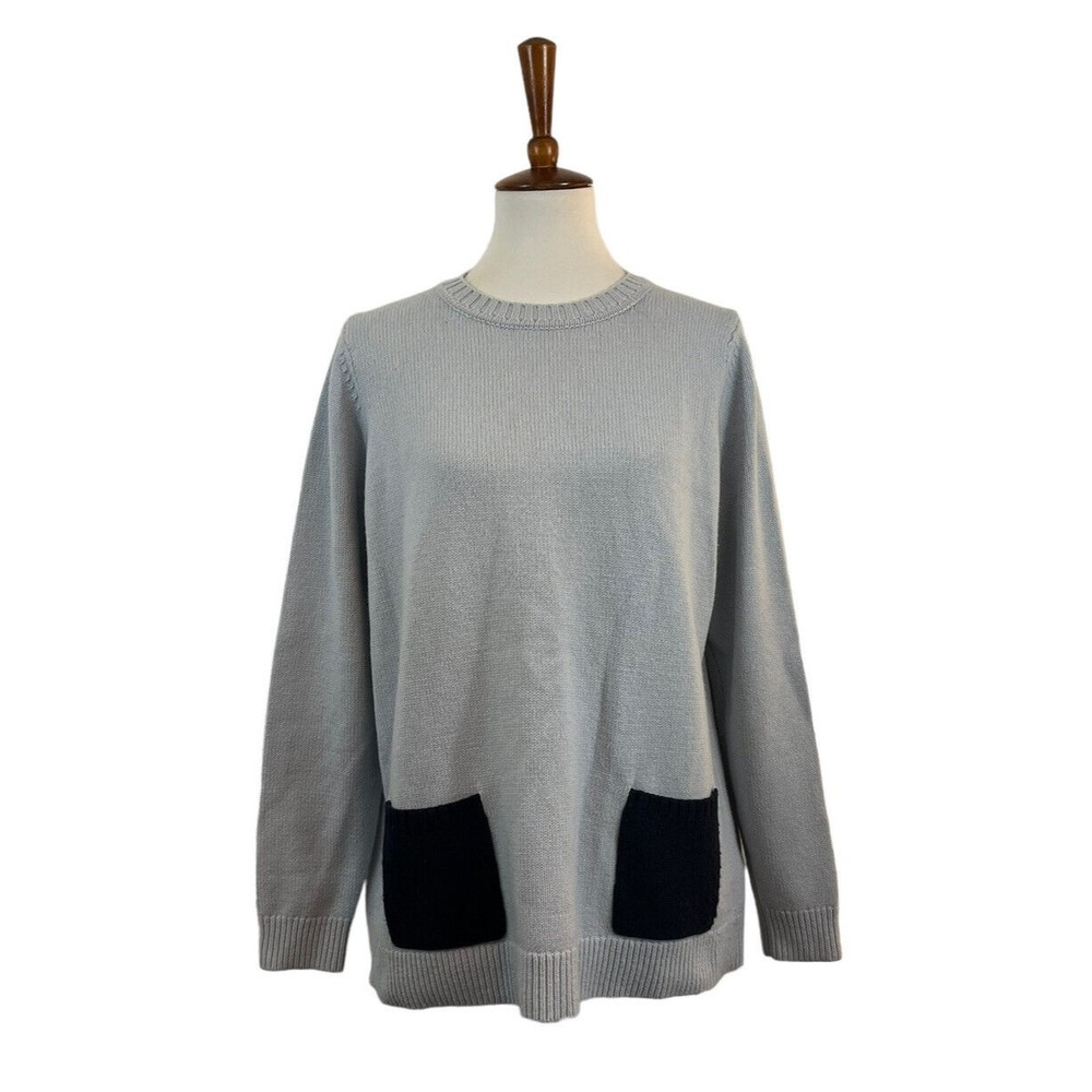 Light Blue Crewneck Sweater with Navy Patch Pockets Size M/L